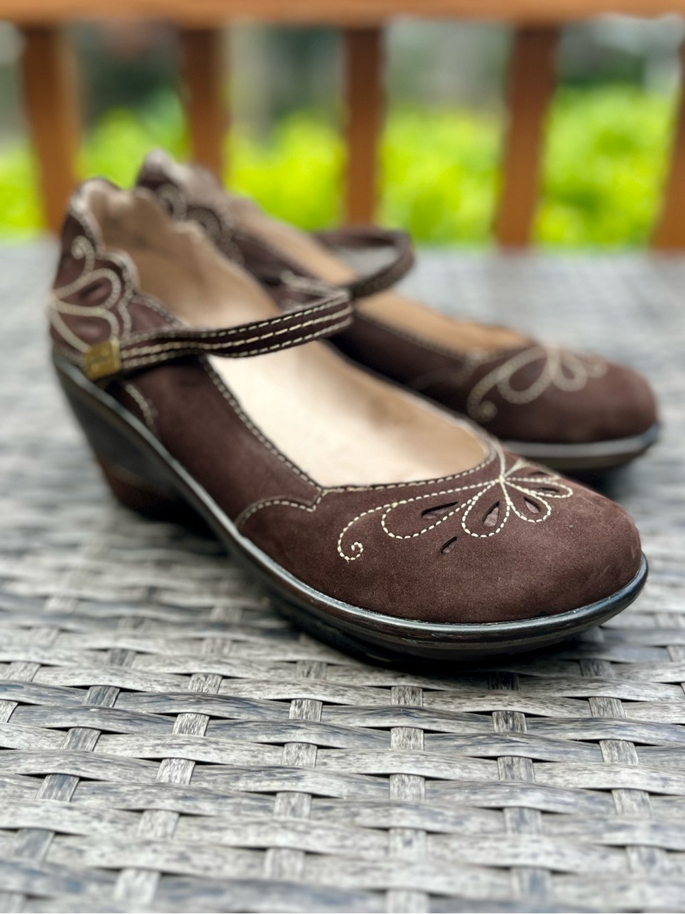 Jambu Bombay Brown Suede Mary Jane Wedge with Floral Stitching